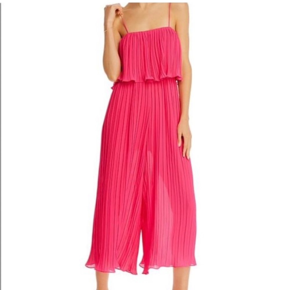 AARON & AMBER Pleated Wide Leg Jumpsuit Spaghetti Strap Hot Pink Ruffled Edges S